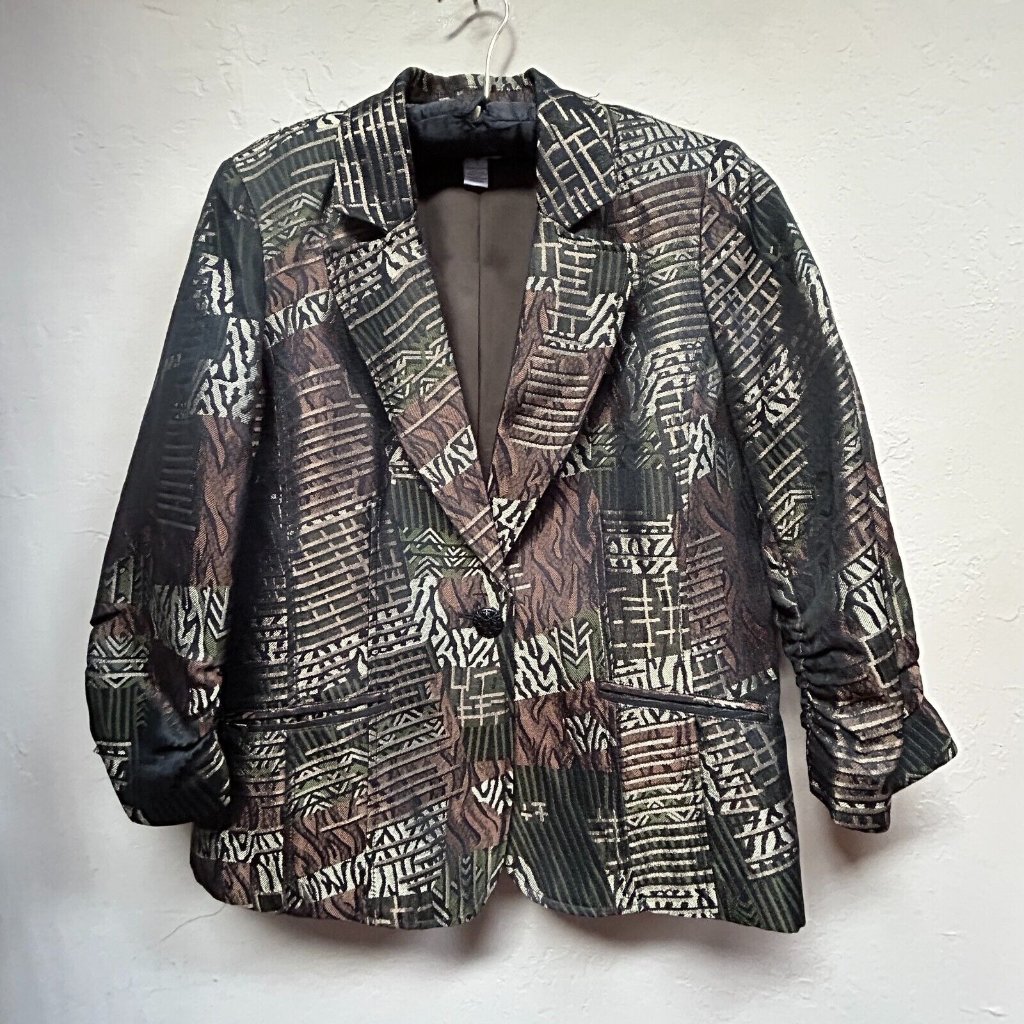 Chico's Womens Size 1 Blown Jacquard Single Button Blazer Ruched Sleeve Lined